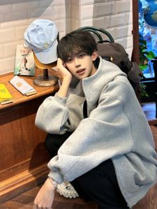 Gray Floral Open Cardigan Hoodie Mens Autumn Winter American Retro Zipper Jacket High-End Feelings Mens Outerwear