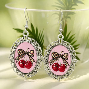 Pink Bow Cherry Glass Dangle Earrings Retro Filigree Oval Pendant Jewelry Sweet Fruit Ear Drops For Women Girls Holiday Gift