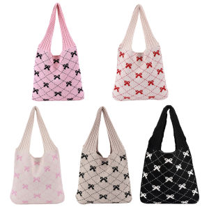 【HOT】 Women Crochet Tote Handbag Large Capacity Knitting Shoulder Bag Contrast Color Aesthetic Knit Bag Ladies Daily Handbag
