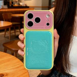 Sanrio | Cute Hello Kitty Embossed Leather Phone Case With Hand Wrist Strap Soft Shockproof Cover For iPhone 17 16 15 Pro Max For Girly