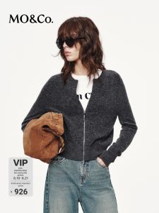 MO&Co. | Metal Zipper Round Collar Simple Knitted Cardigan