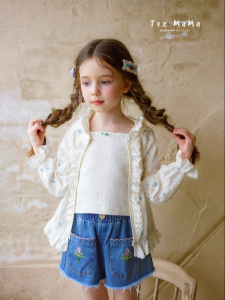 toz mama | Full Embroidery Woven Blouse and Strap Denim Shorts Set