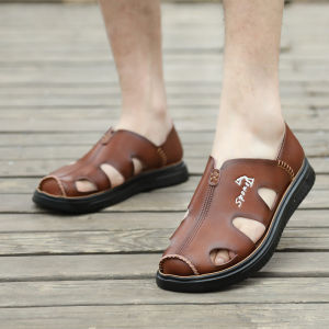 Summer New Mens Genuine Leather Sandals Slip-On Casual Beach Shoes Anti-Slip Waterproof Trendy Male Flip Flops
