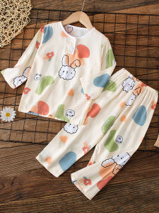 Cotton Silk Sleepwear Long Sleeve Thin Home Clothes for Girls And Boys Childrens Summer Home Suit Air Conditioner Set