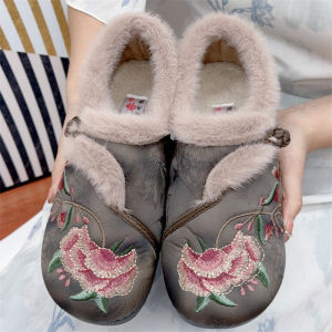 รองเท้าผ้าใบผู้หญิงหนาและอบอุ่น ทรงหัวมน พื้นยาง รองเท้าลำลอง ฤดูหนาว 2024 สำหรับคุณยาย รองเท้าแบบสวม สไตล์จีนโบราณ