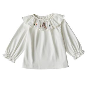 OAK FAMILY | Pure Cotton Long Sleeve Shirt For Girls Round Neck Lace Trimmed French Style Top Sweat Absorbent Autumn Wear For Kids
