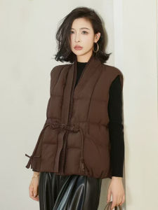 Womens Short down Vest V-Neck Outerwear New Chinese Style Jacket Autumn Winter Season Fashion Versatile Polyester Fiber