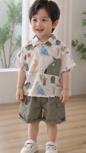 Baby Boys Clothes Set Toddler Terno Set 0‑5Y Dinosaur Print Collar Short Sleeve Shirt Cargo Pocket Shorts Kids Boys Casual Outdoor Outfit For Little Boys