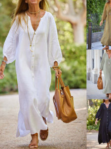 Casual Long-Sleeved V-Neck Cardigan Dress Loose Fit Comfortable Polyester Summer Midi Dress Womens Fashion High Waist A-Line Skirt