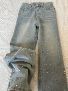 Light Blue Rhinestone Straight Leg High Waist Womens Jeans Slimming Wide Leg Long Trousers Vintage Style Casual Wear