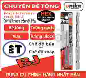 BJ mũi khoan chuyên bê tông chuôi lục giác hàng chính hãng Unika Nhật Bản khoan được trên nhiều chất liệu bê tông gạch đá vữa tường Block gạch men thích hợp cho nhiều loại máy khoan