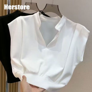 Herstore เสื้อยืดแขนสั้นสำหรับผู้หญิงเสื้อคอวีแขนสั้นสำหรับใส่ในฤดูร้อน