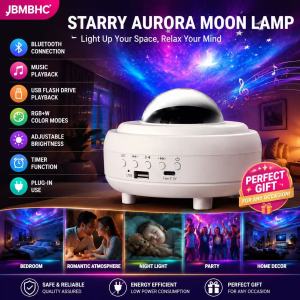 JBMBHC Bedroom Atmosphere Light 360° Dynamic Starry Sky Projector RGB Northern Lights Lamp USB Bluetooth Music Player Nightlight for Home Party