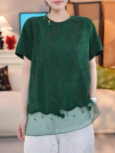 QINGNAER | Retro Mesh Patchwork Plus Size Womens Summer T-Shirt