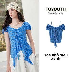 Toyouth | Áo Voan In Hoa Dây Ruy Băng Vai Trụi Tay Phồng Đuôi Áo Không Đều