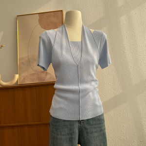 Slim Fit V-Neck Short Sleeve T-Shirt Womens Summer New Style Base Layer Shirt Elegant Top Korean Version Lace Splicing