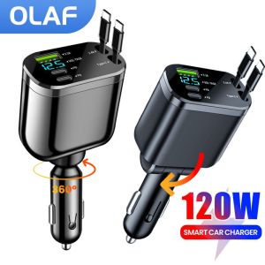 5 IN 1 Car Charger Adapter Fast Charging USB Type C Car Charger with Retractable Type C Cords For iPhone 16 15 14 13 12 Samsung