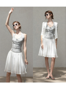 Cantonstory | White Sunproof Open Front Long Sleeve T-Shirt Dress Skirt Summer Set