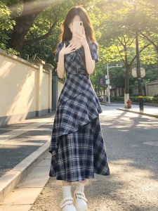 unifittoo | Blue Check V-Neck Stylish Slender Waist Long Dress