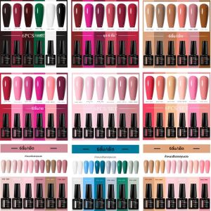ชุดยาทาเล็บเจลสีแดงชมพู 6 ชิ้น ปราศจากสาร HEMA และ TPO แบบกึ่งถาวร ล้างออกได้ด้วยน้ำยาล้างเล็บเจล ใช้กับหลอด UV/LED สำหรับตกแต่งเล็บ ทำเล็บเอง อุปกรณ์ทำเล็บ