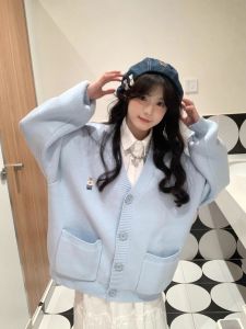 Milk Blue Embroidered V-neck Knitting Cardigan Women Coat Fall and Winter New Arrival Retro Korean Style Loose Lazy Sweater Tide