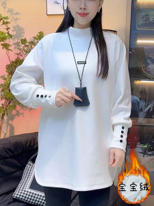 Autumn Winter Womens Fleece Lined Thickened T-Shirt Half High Collar Loose Warm Base Layer Shirt Creative Pattern Long Sleeve