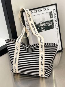 Striped Letter Canvas Shoulder Bag Large Capacity Commuter Tote Bag Casual Style Zipper Closure Soft Fabric Pure E-commerce