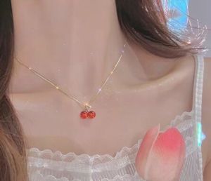 PCWFKEF Wine Red Cherry Gold Color Pendant Necklace Stud Earrings For Women Girls Personality Fashion Wedding Jewelry Birthday Gifts
