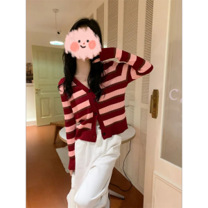 เสื้อคาร์ดิแกนถักคอวีสีบล็อกสไตล์เกาหลีสำหรับผู้หญิง ทรงเข้ารูป แขนยาว ทรงสั้น ผ้าขนแกะนุ่ม ใส่ได้ตลอดทั้งปี