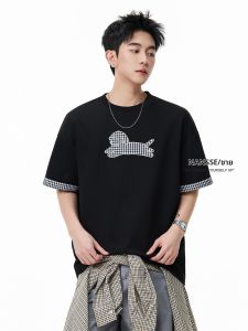 NANSSE | American Style Cartoon Dog Embroidered T-Shirt Check Patchwork