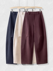 กางเกงขายาวทรงหลวมสไตล์บานาเนอร์สำหรับผู้หญิง ฤดูใบไม้ร่วง/ฤดูหนาว กางเกงขายาวทรงหลวมผ้าขนสัตว์หนา เอวยางยืด กระเป๋า กางเกงขายาวทรงหลวมสำหรับผู้หญิง