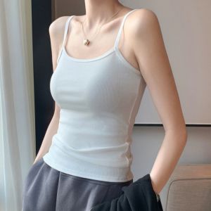 Womens Solid Color Spaghetti Straps Sleeveless Slim Camisole with Chest Pad Cotton Summer Wear Outside Female Short Tops Vests
