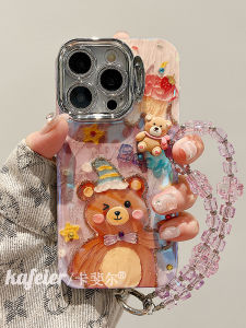 Kafel Cute 3D Bear Rabbit Bracelet Silicone Phone Case for iPhone 15 pro Max Apple 14 New Model 12 TPU 11 Womens Blue Light Protection plus Lens Stand 13 Anti-Fall