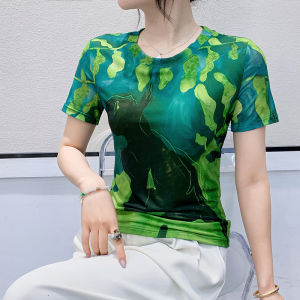 YIMEI เสื้อยืดสำหรับผู้หญิงแขนแขนสั้นคอกลมเสื้อเรโทรพิมพ์ลายดอกไม้ผ้าตาข่ายเข้ารูปพอดีใหม่2025