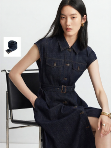 Vero Moda | Summer Autumn Pure Cotton With Belt Waist A-Line Denim Dress