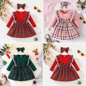 LEMON girls long-sleeved dress autumn and winter childrens Christmas plaid skirt baby red skirt A-shaped skirt