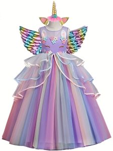 Fancy Dress For Girls Prom Party Unicorn Costume With Wing Headband For Children Pageant Princess Birthday Party Maxi Prom Gown