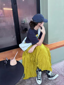 Korean Style Yellow Design Sense Pleated Elastic Waist Half Skirt Womens Spring Summer New High Waist Slim A-Line Long Skirt