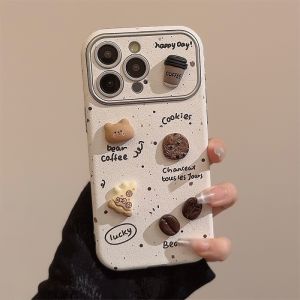 CrashStar 3D Cute Cartoon Coffee Bear Leather Silicone Shockproof Phone Case For iPhone 15 14 Pro Max 13 12 11 Pro Max Fashion Soft Phone Casing Creative Protective Cover With Full Cover Lens Camera Protection Hot Sale