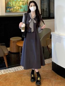 Váy Midi Chữ a Dài Tay Dài Mùa Thu Màu Trơn Cạp Cao Kiểu Dáng Chữ a Váy Hai Mảnh Giả Thắt Nút Bướm Thanh Lịch Cho Nữ