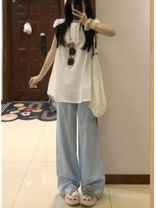 Blue Ice Silk Wide Leg Pants Womens Summer Thin Elastic Waist Loose Slimming Casual Floor-Length Pants High Waist Long Pants