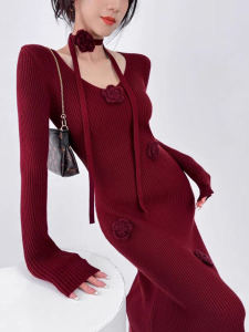 Đầm Dệt Kim Dáng Ôm Vừa Vặn Phong Cách Pháp Thanh Lịch Dành Cho Nữ Với Váy Bodycon Cổ Chữ V Thêu 3d Lãng Mạn Cho Mùa Thu Đông