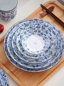 Japanese Ceramic Dining Utensils Mino-yaki Bluebud Rice Bowl Soup Bowl Plate Fish Plate Underglaze Colorature Porcelain