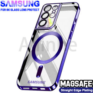 【 With Lens Films 】For Samsung Galaxy S22 S21 FE S23 Ultra Plus Wireless Charging Plating Clear Cover for Magsafe Case Samsung Galaxy S22 S21 FE S23 Ultra Plus 8K Glas Lens Protection