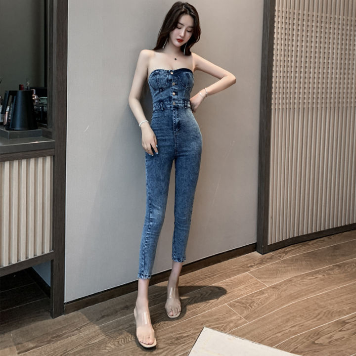 Tube top denim clearance jumpsuit