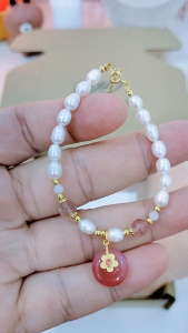 SUKI DAKARA Bracelet Freshwater Pearl 18K Gold Plated S925 Sterling Silver & Strawberry Quartz Elegant Jewelry