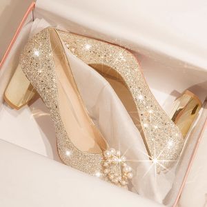 Crystal Embellished High Heel Wedding Shoes for Women Low Cut Chunky Heel Comfortable mid Heel Bridal Shoes Korean Style