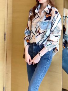 2023 New Korean Fashion Pink Blue Chiffon Soft Fabric Long Sleeve Shirts Casual Work OL Print Shirt Tops Atasan Kemeja Pendek Wanita Kasual Lengan Panjang