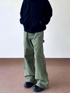 กางเกงยีนส์ทรงหลวมขาตรงสีเขียวสไตล์อเมริกันสำหรับผู้ชาย กางเกงขายาวทรงหลวมสไตล์วินเทจ Cleanfit ทรงลำลองสำหรับใส่ไปทำงาน
