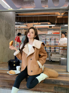 Callme Daisy Womens Suede Fur Jacket Navy Collar Doll Collar Integrated Leather And Fur Short Coat Asymmetric Winter Coat